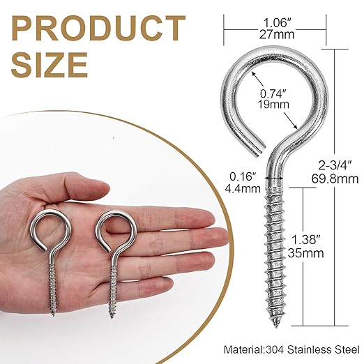20PCS 2.75 inches Screw Eyes M4 304 Stainless Steel Eye Screws, Heavy Duty Screw, Eye Hooks Screw Eye Bolts Eye Hooks Screw, Indoor & Outdoor Uses (20, M4-2.75inch)