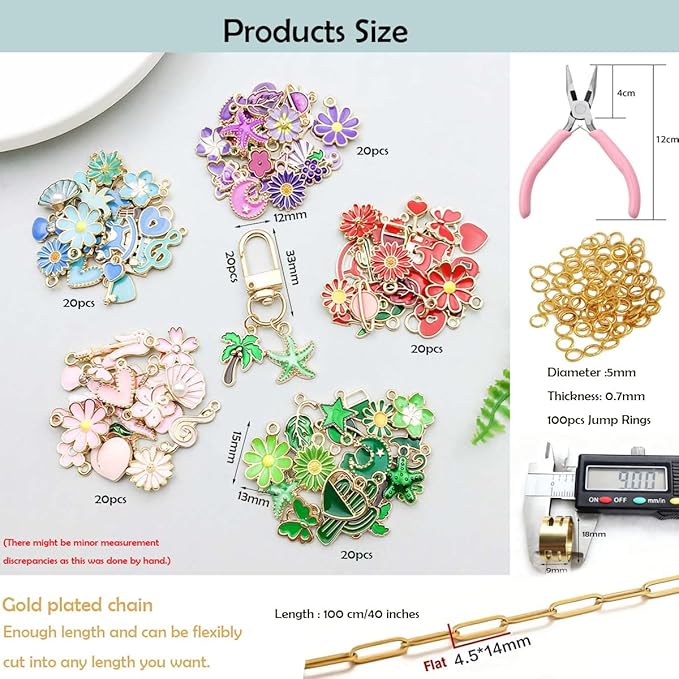 BLOSSIONA 223pcs Lip Gloss Keychain Making Kit DIY Keychain Making Supplies for Crafting 100 Enamel Charms 1 Meter Extender Gold Chain 20 Keychains Clips 100 Jump Rings Key Chain Making Kit