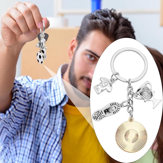 6Pcs Soccer Keychain Alloy Sports Ball Keyrings Soccer Jerseys Soccer Shoes Soccer Trophies Football Charm Key Holder for Women Men Gift or Sports Party Decorations