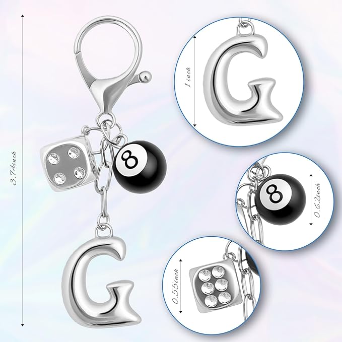 8 Ball Dice Keychain with Silver Bubble Initial - Y2K Aesthetic Cute Bag Purse Charms for Women