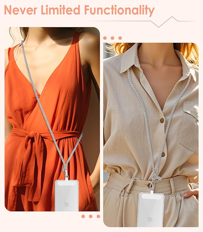 MoKo Universal Phone Lanyard, Metal Cell Phone Chain Crossbody Strap Anti-Theft Detachable Women Cellphone Lanyards Around The Neck with Patches for iPhone, Most Smartphones, Pale Silver