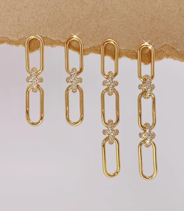 OZEL 14K Gold & Silver Plated Paperclip Chain Earrings with Cubic Zirconia – Dangle, Hoop, Huggie, Stud Styles – Women’s Fashion Jewelry Gift