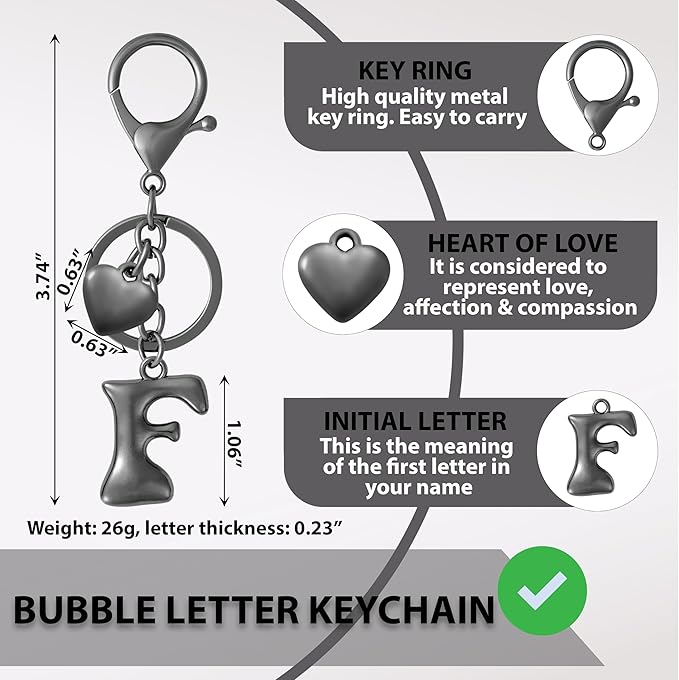 Heart Bubble Letter Keychain for Women, Girls - Cute Keychain with Initial - Alphabet Keychain for Bag Charm, Handbag