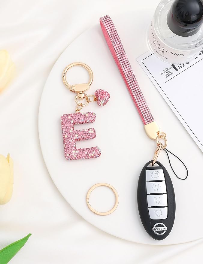 Initial Keychain for Women Girls,Bling Letter Key chain Initial with Heart,Pink Keychain Charms for Backpack Handbag