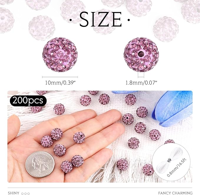 200 Pcs Light Purple Rhinestone Beads for Jewelry Making, Sparkle Crystal Clay Christmas for Bracelet Baseball Necklace Earring Crafting and DIY, Shiny Round Shamballa Disco Ball Beads Bulk