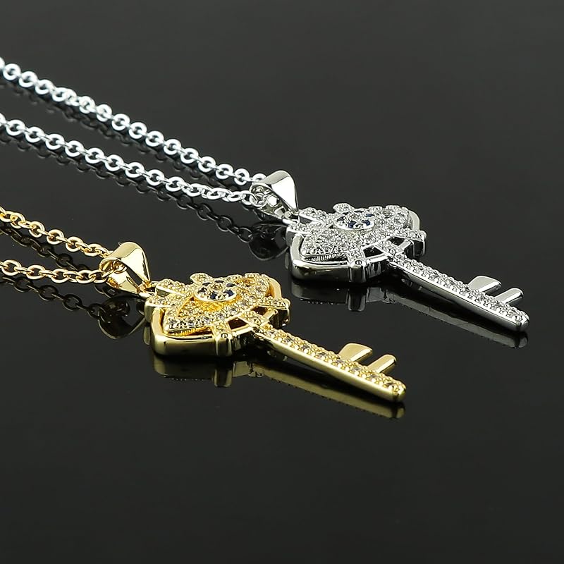 JOR Key with CZ Charm Pendant Necklace, Bonding Charm, Men & Women Unisex Jewelry, Dainty Gold & Silver Plated Chain Combo 18 inch (Pack of 2)