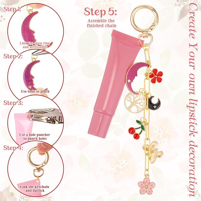 VioraWhite Lip Gloss Charm Kit Lip Gloss Keychain Making Kit Including Assorted Charms Keychain Clips Extender Chain(944 Pcs,Classic Style)