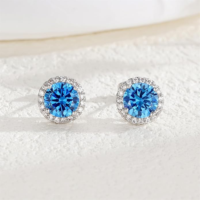 YOMELA Cubic Zirconia Earrings Studs, Halo CZ Birthstone Simulated Diamond Stud Earrings for Women