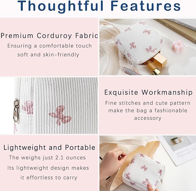 uekeboag Cute Small Corduroy Zipper Makeup Bag, Mini Coquette Aesthetic Pouch with Bow Pattern for for Purse,Key Pocket Lipstick Bag Card Holder Data Cable Organizer for Women Girls (08WhitePink Bow)