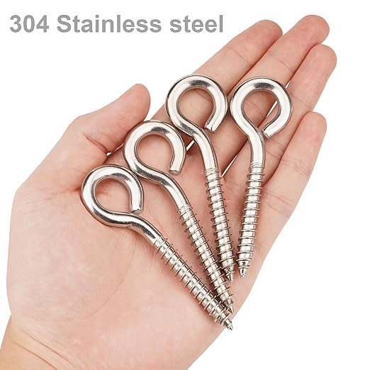 Aovchei Eye Screws, 8Pcs 3.25 Inch Long, 304 Heavy Duty Stainless Steel Screw Hooks, Rust-Resistant Self Tapping Eyelet Bolts for Wood, Securing Cables Wires, Indoor & Outdoor for Hanging Artwork