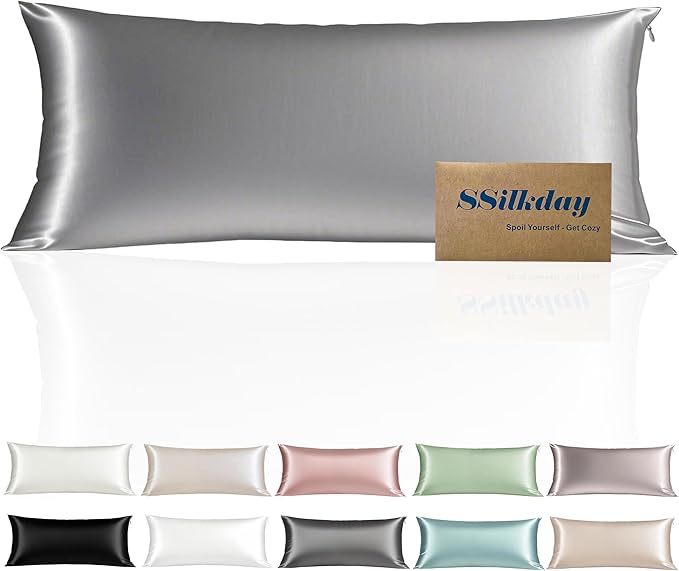 Mulberry Silk Body Pillow Pillowcase with Zipper, Ultra Smooth Soft Breathable Cooling Pillow Cases for Hot Sleepers, Silk Satin Body Pillow Cover for Hair and Skin (Silver Grey, 20×54 Inches, 1 Pack)