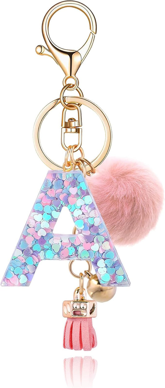 Resin Alphabet Initial Letter Keychain Keyring for Women Purse Handbags With Fur Ball Pom