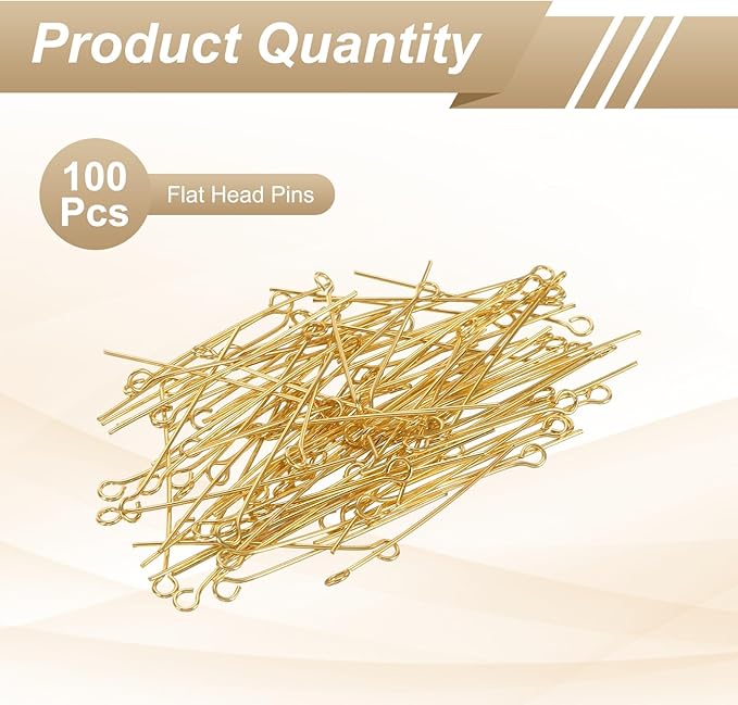 HARFINGTON 100pcs Open Eye Head Pins 1.18" 30mm Mini Metal Wire Eye Pins Beading Small Needles Bulk for Earring Pendant Necklace Bracelet Charm Jewelry Making Findings DIY Craft, 18K Gold