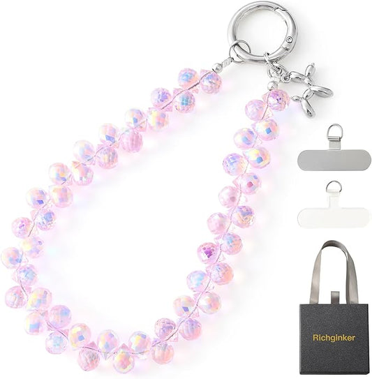 Crystal Phone Wrist Strap Phone Charm Chain Keychain Beaded Cellphone Lanyard with Tether Tab Hands-Free Wristlet Bracelet Wrist Grip Strap for Women, D-Pink AB