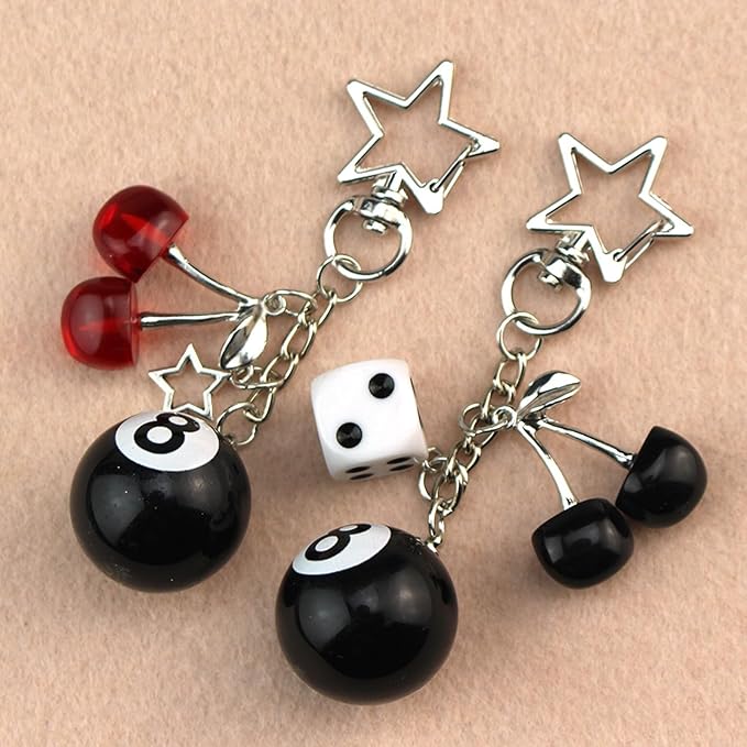 Lucky Dice Cherry Magic 8 Ball Keychain Billiard Ball Star Cherry Bags Charms Cute Y2k Keychain for Women Men