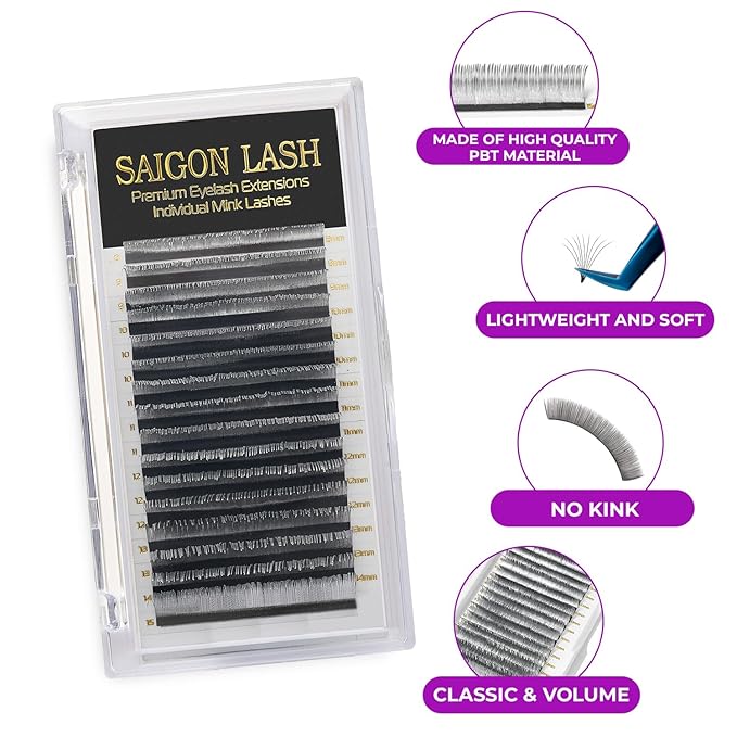 SAIGON LASH Eyelash Extensions, Mink Lash, Volume & Classic Lashes for Professionals, J/B/C/CC/D/L/M Curl, 4-15mm Length, Soft Korean PBT Fiber, 16 Rows Lash Tray (New Sliver-CC-0.07-8-15mm)