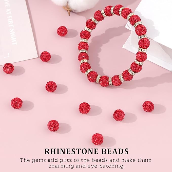 120pcs 10mm Rhinestone Beads for Jewelry Making, Red Shiny Round Shamballa Disco Ball Beads Bulk, Sparkle Crystal Clay Christmas for Bracelet Baseball Necklace Earring Crafting and DIY