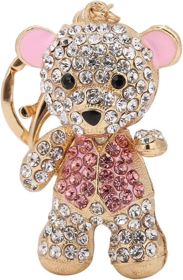 Cute Bear Key Ring Rhinestone, Pink Decorative Cartoon Metal Key Chain Lovely for Student Backpack Women Birthday Gift