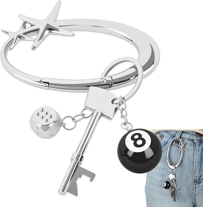 Large Star Carabiner Keychain 8 Ball Dice Charm Keychain Y2K Aesthetic Key Ring Cool Extra-Large Shiny Chrome
