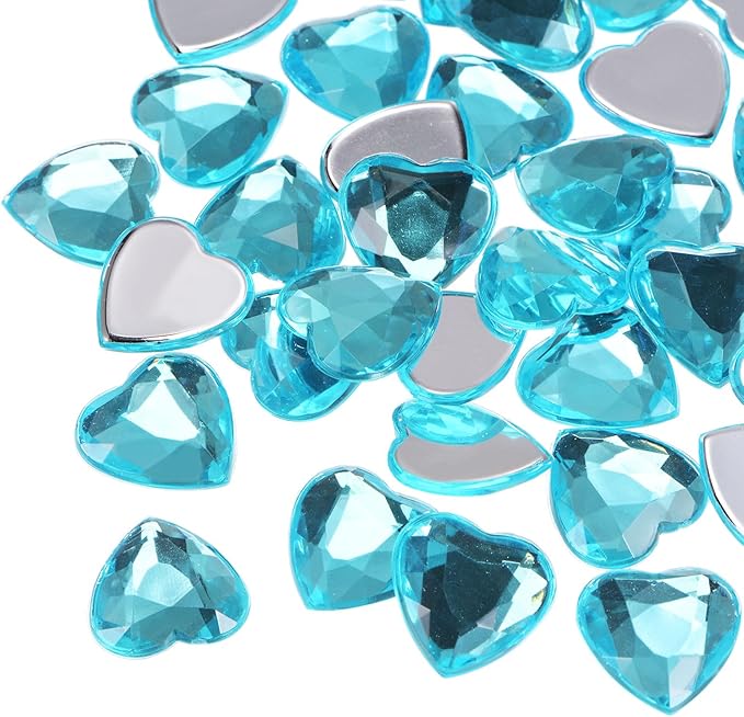 MECCANIXITY 40 Pcs Acrylic Heart Rhinestone 15mm Flat Back Plastic Gems Jewelry Stickers for Craft Bead Face Painting Costume Jewelry Making, Lake Blue