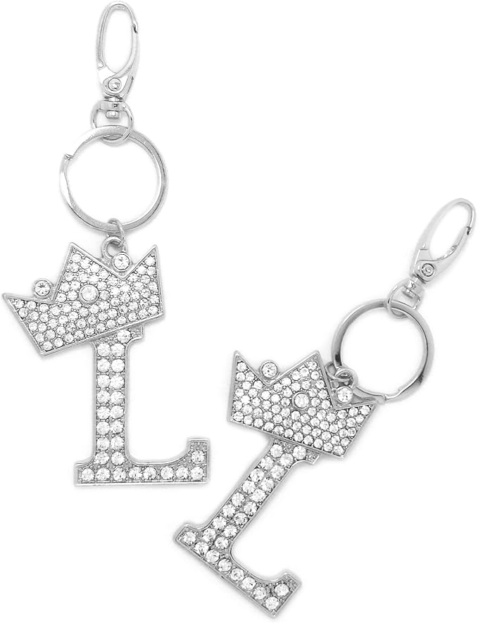 CBC Crown Crystal Rhinestone Letter Initial Keychain, Gold Metal, Bag Charm with Key Ring Approx. 2.17" x 2.56"