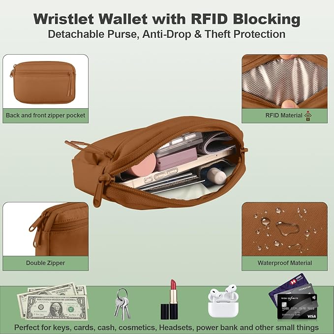 Clip and Go Strap for Phone with Wallet Crossbody, Adjustable Phone Lanyard with Detachable RFID Wristlet Wallet, Pattern Strap, Bronze(M)