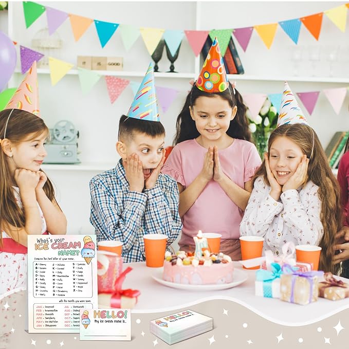 What's Your Ice Cream Name Game Set,Birthday Party Games for Kids and Adults,ICES Creams Party Decorations, Fun Summer Activity,1 Ice Cream Name Game Double Sided Sign and 30 Stickers,5x7 Inch