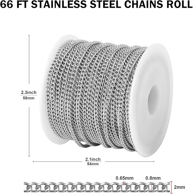 [66 FT] Stainless Steel Curb Chains Bulk for Jewelry Making, 2mm 304 Stainless Steel Flat Twisted Links Curb Chains Roll Spool for Jewelry Making DIY Craft