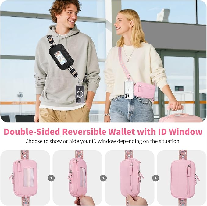 Clip and Go Strap for Phone with Wallet Crossbody Phone Lanyard with Anti-Theft Zipper Pouch Detachable Quilted Wrist Wallet with RFID and ID Window for Daily Travel. Pink Large