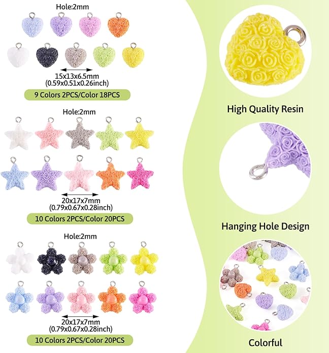 Resin Love Heart Star Flower Charms Colorful Heart Floral Pentagram Pendants Cute Hang Ornament for DIY Crafts Necklace Bracelet Keychain Jewelry Making