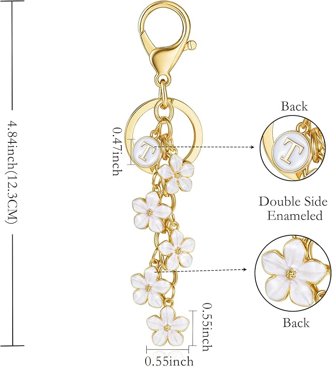 XGALBLA White Pink Black Cute Initial Letter Keychain for Women, Flower Bag Charms Enamel Keyring for Handbag Backpack