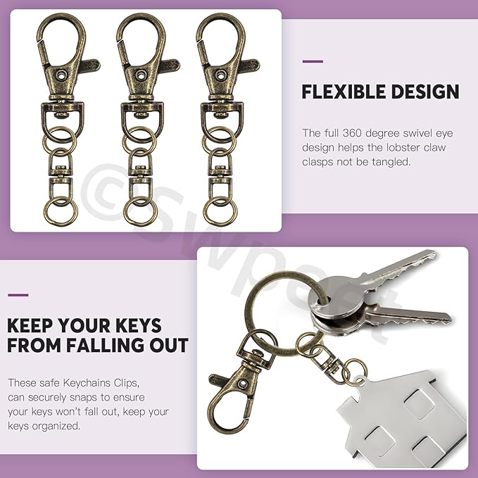 Swpeet Assorted 150Pcs Bronze Keychain Making Kit, 50Pcs Swivel Lobster Claw Clasps, 50Pcs Rotating 8-Shaped Buckle Claw Clasp, 50Pcs Jump Ring, Swivel Trigger Hook, Swivel Clasps Lanyard Snap Hook