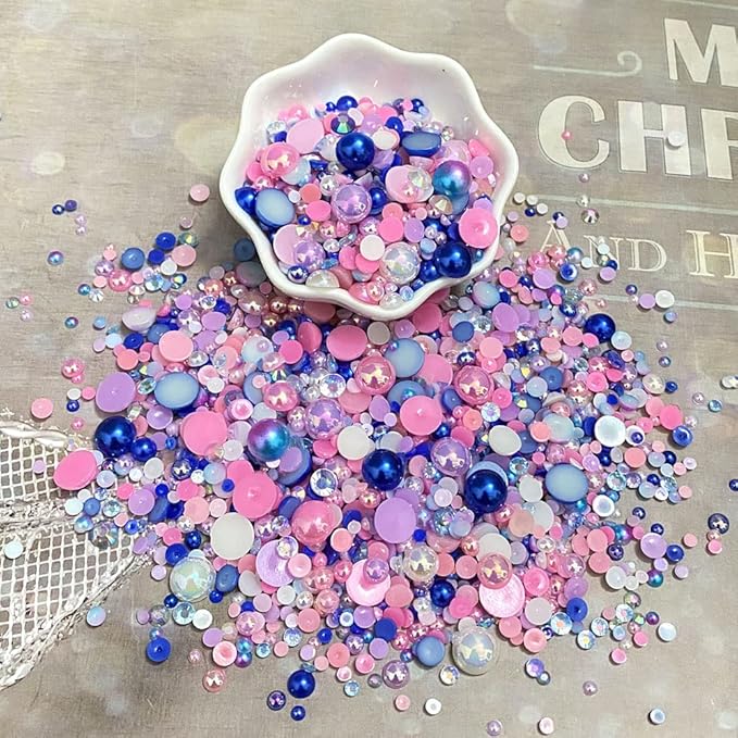 100g Mix Resin Rhinestones Flatback Half Round Pearls Mixed Size 3mm-10mm AB Color Half Pearls Resin Rhinestones for DIY Craft Nail Art Shoes Clothes Phone Case (Pink Blue Series)