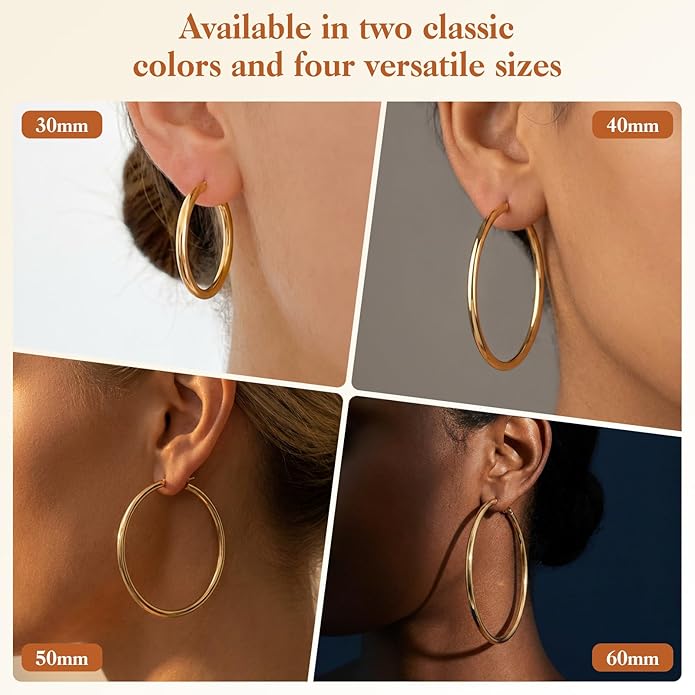 8 Pairs Gold Silver Hoop Earrings for Women, Hypoallergenic Stainless Steel Two Tone hoop earrings set, Lightweight Earrings Hoops for Women 4 Sizes (30/40/50/60mm)