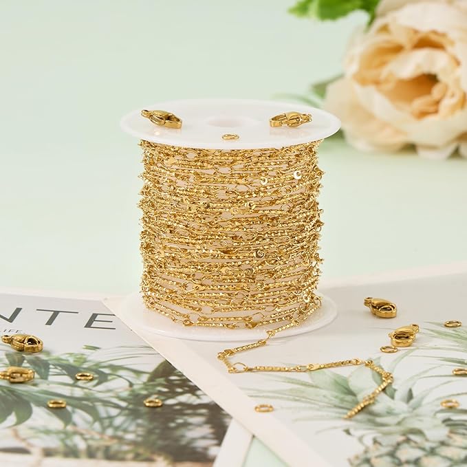 UMAOKANG 5 Meters Gold Plated Jewelry Making Chains on Spool Dainty Stainless Steel Stick Chain Bulk Thin Craft Chain Roll