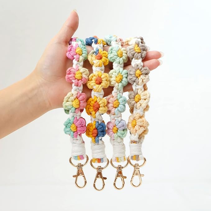 Macrame Keychain Handmade Wristlet Keychain Wrist Lanyard for Keys Cute flower keychain Key Chain for Women