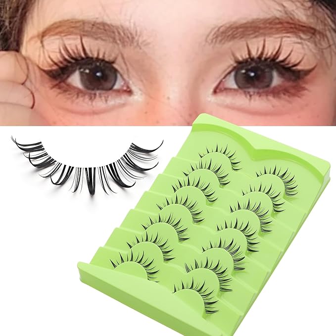 outopen 7 Pairs Manga Lashes Natural Look False Eyelashes Wispy Spiky Anime Lashes Korean Japanese Asian Style Cosplay Fake Eyelashes with Clear Band