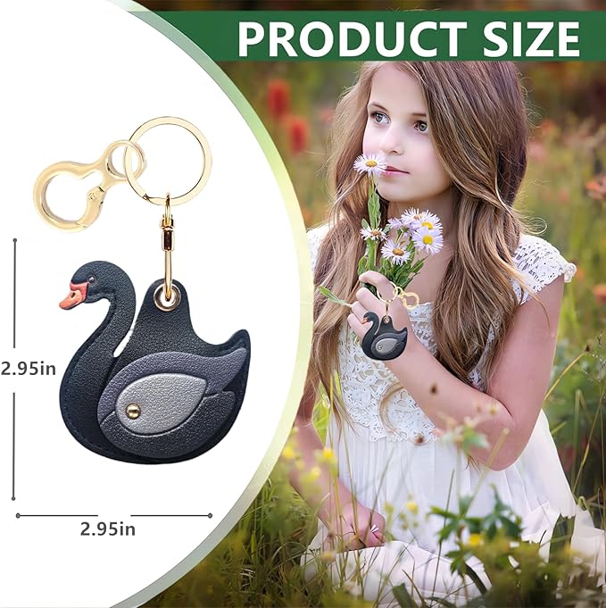 Leather Keychain Holder Case Compatible with AirTag,Cute Protective Cover with Keyring,Anti-Scratch Finder GPS Tracker Case for Wallet Keys,Bag,Pets(Swan Black)