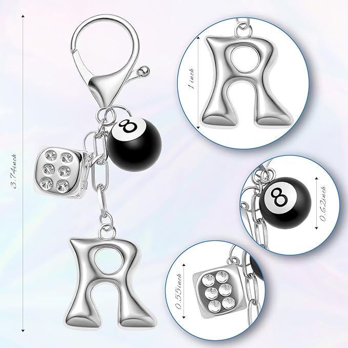 8 Ball Dice Keychain with Silver Bubble Initial - Y2K Aesthetic Cute Bag Purse Charms for Women