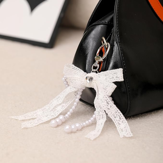 Pearl Bow Keychain Cute Y2k Lace Bowknot Keychain Coquette Aesthetic Accessories Bag Purse Handbag Backpack Charm