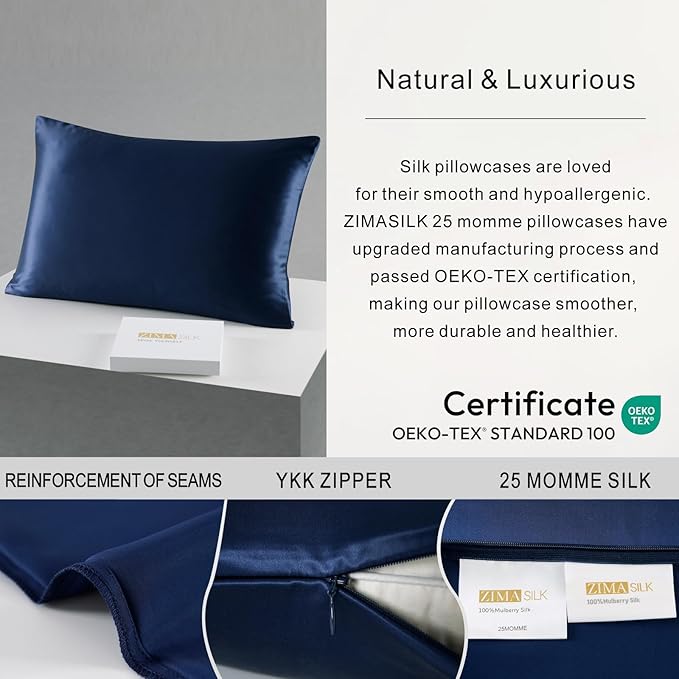 ZIMASILK 25 Momme 100% Pure Mulberry Silk Pillowcase for Hair and Skin Care, Highest Grade 6A Pillow Cases for Women, Long-Lasting Durablity, Gift for Women Men, 1Pc (Queen 20"x30", Navy Blue)