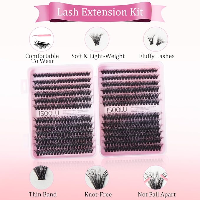 ISOOLU Fairy Lash Clusters Manga Individual Lashes C Curl Wispy Eyelash Clusters WideSpan Eyelash Extension Kit with Lash Bond and Seal Wet-Look Spiky Cluster Lashes (50D 9-16mm D 0.07)
