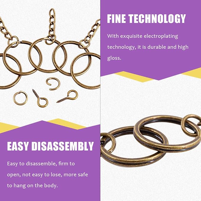 Swpeet 450Pcs 1 Inch 25mm Bronze Flat Key Chain Rings Kit, Including 150Pcs Split Keychain Rings with Chain and 150Pcs Jump Ring with 150Pcs Screw Eye Pins Bulk for Jewelry Findings Making
