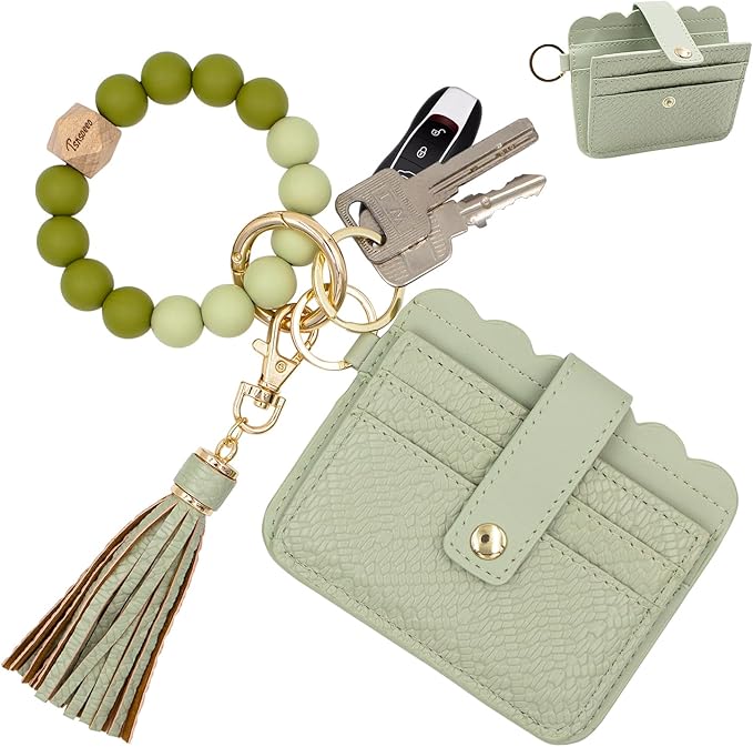 Keychain Wallet Wristlet Small Credit Card Holder Bracelet Key Chain Purse Bangle Tassel Beads Key Rings for Women