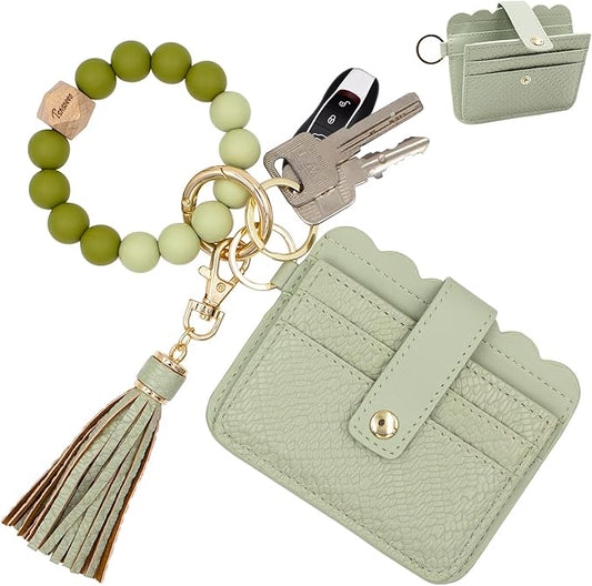 Keychain Wallet Wristlet Small Credit Card Holder Bracelet Key Chain Purse Bangle Tassel Beads Key Rings for Women