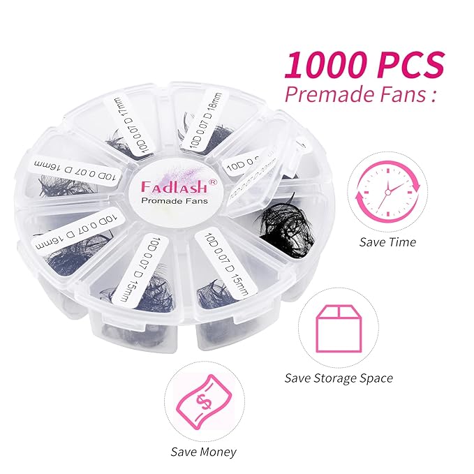 Premade Fans Eyelash Extensions Mixed Tray 1000 Premade Lash Fans 10D Premade Volume Eyelash Extensions Pointed Handmade Promade Loose Fans D Curl Thin Base (10D-0.07D, 15-20mm)