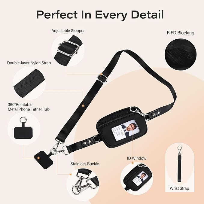 Phone Lanyard Crossbody with Wallet，Detachable Phone Strap Wristlet with ID Window and Zipper，Adjustable Strap for All Phone