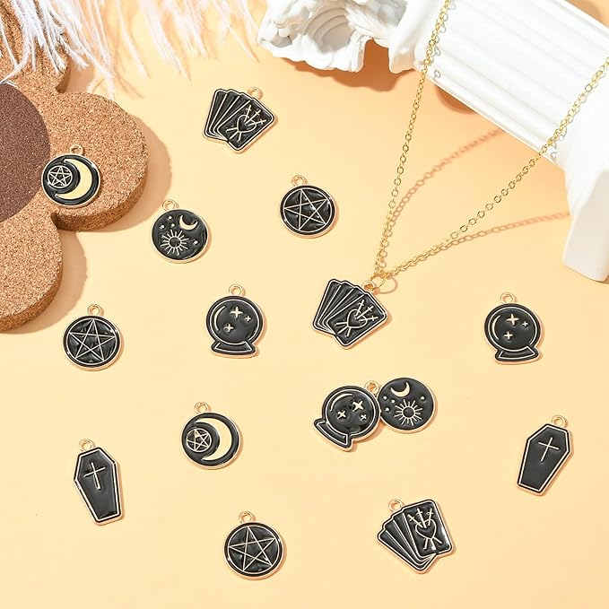 Stiesy 60 Pcs 6 Styles Enamel Black Gold Gothic Tarot Card Divination Card Magic Amulet Metal Charms Bulk for Jewelry Making DIY Necklace Bracelet Earrings Crafts