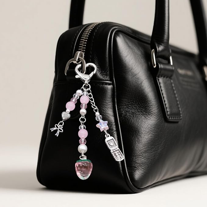 Angyape Cute Pink Strawberry Keychain Y2K Keychain Bow Flower Heart Pendant Bag Charms Kawaii Aesthetic Accessories for Women