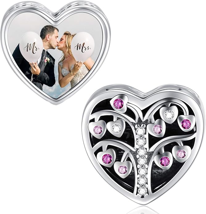 LONAGO 925 Sterling Silver Personalized Photo Charm Fit Compatible for Bracelet Necklace Customized Heart Round Shape Picture Bead